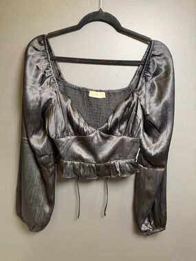 Altar'd State | Black Satin Puff-Sleeve Crop Top Smocked Back | NWT Size Small